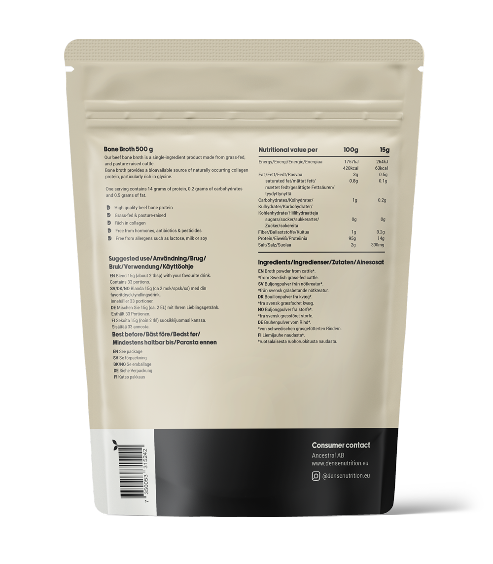 Grass-fed beef bone broth powder, unflavored, nutrition facts