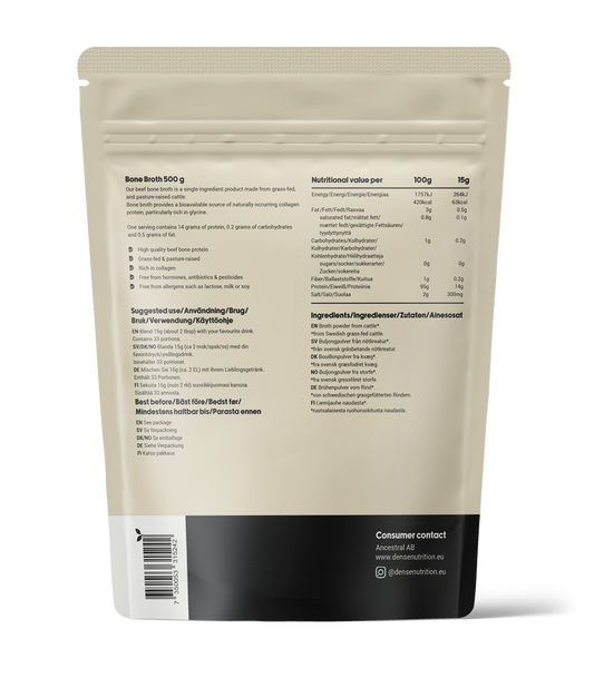 Grass-fed beef bone broth powder, unflavored, nutrition facts