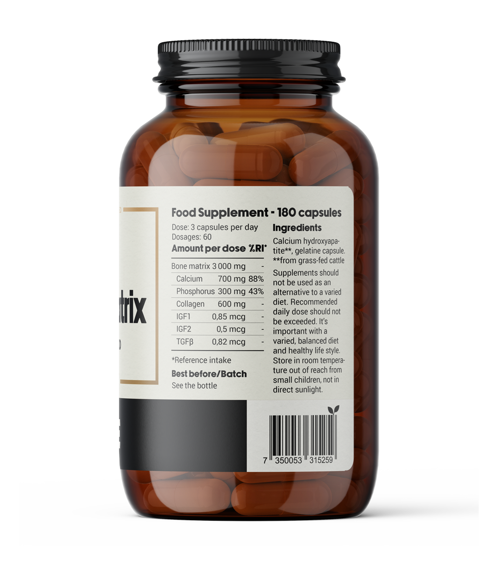 Grass-fed beef bones supplement capsules. Nutrition facts, with calcium hydroxyapatite