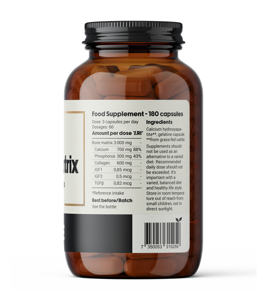 Grass-fed beef bones supplement capsules. Nutrition facts, with calcium hydroxyapatite