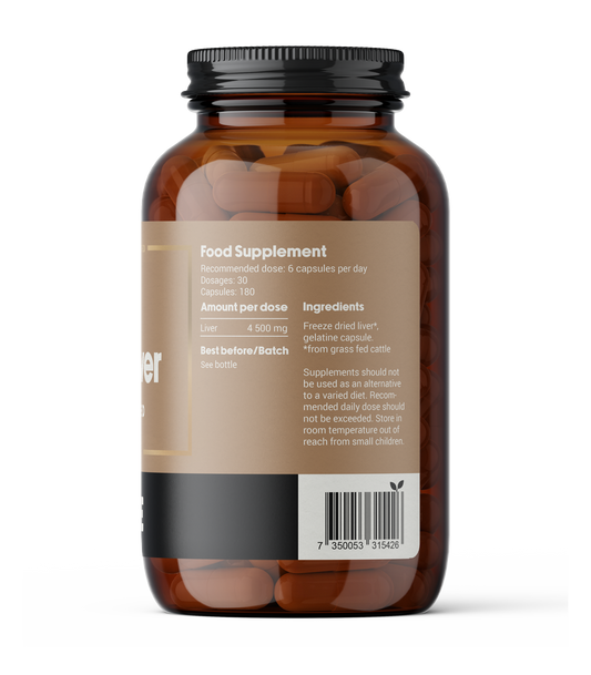 Grass-fed beef liver capsules supplement. Nutrition facts