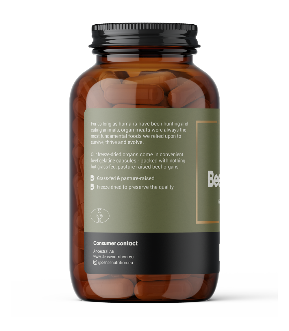 Grass-fed beef organs capsules. Supplement with beef liver, kidney, and heart. Packed in gelatin capsules and comes in a glass jar