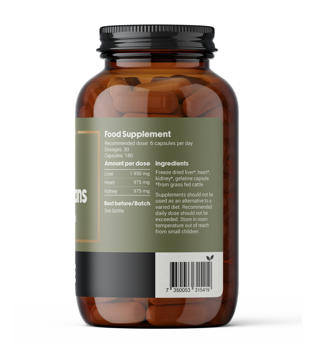 Grass-fed beef organs capsules. Supplement with beef liver, kidney, and heart. Nutrition facts and ingredients
