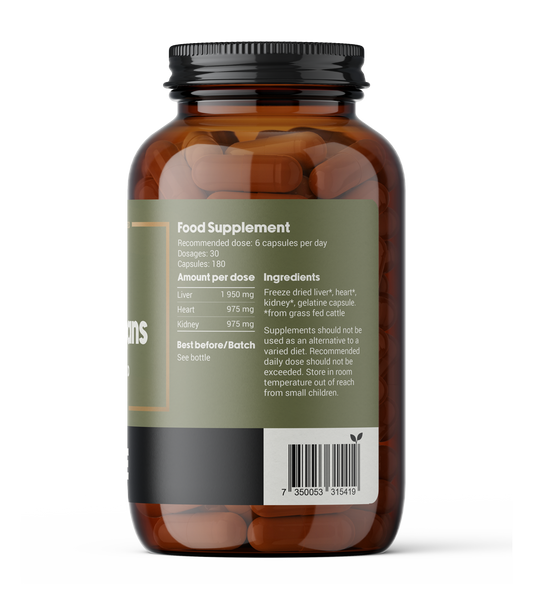 Grass-fed beef organs capsules. Supplement with beef liver, kidney, and heart. Nutrition facts and ingredients