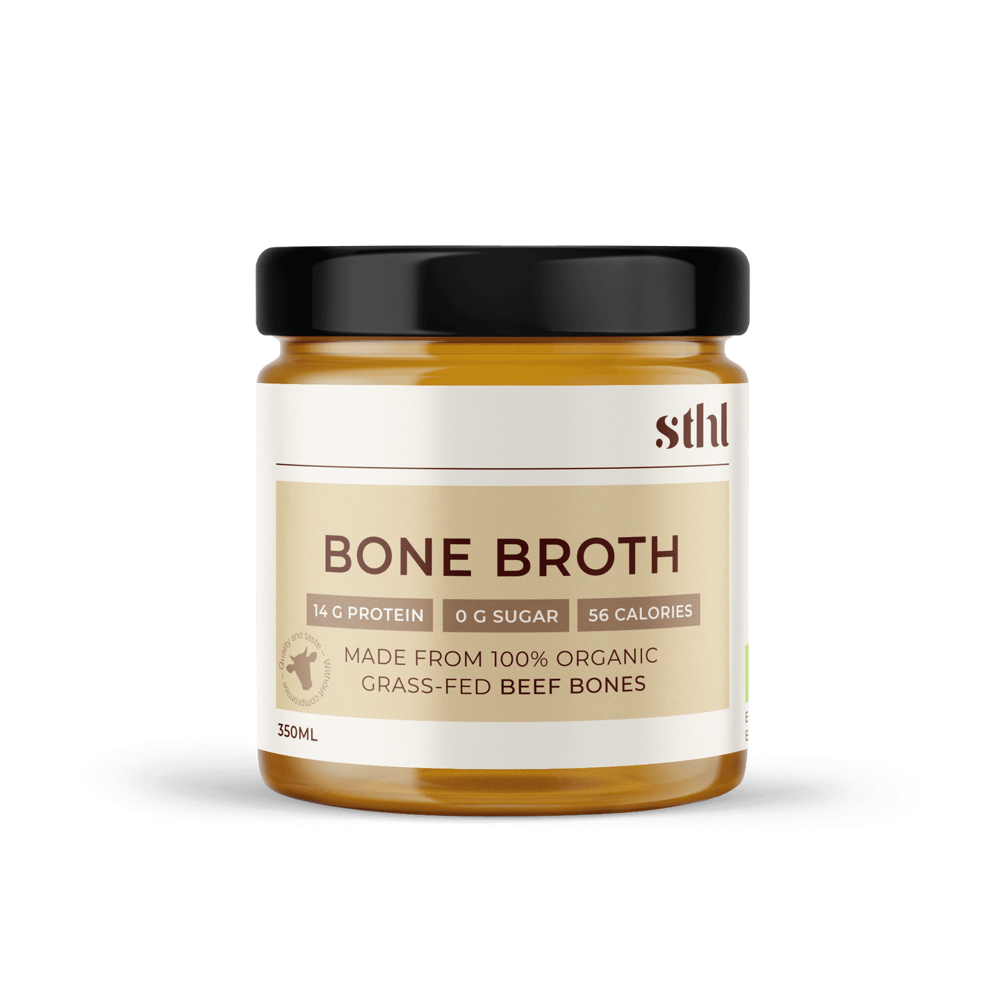 Grass-fed and organic beef bone broth, ready made in a jar