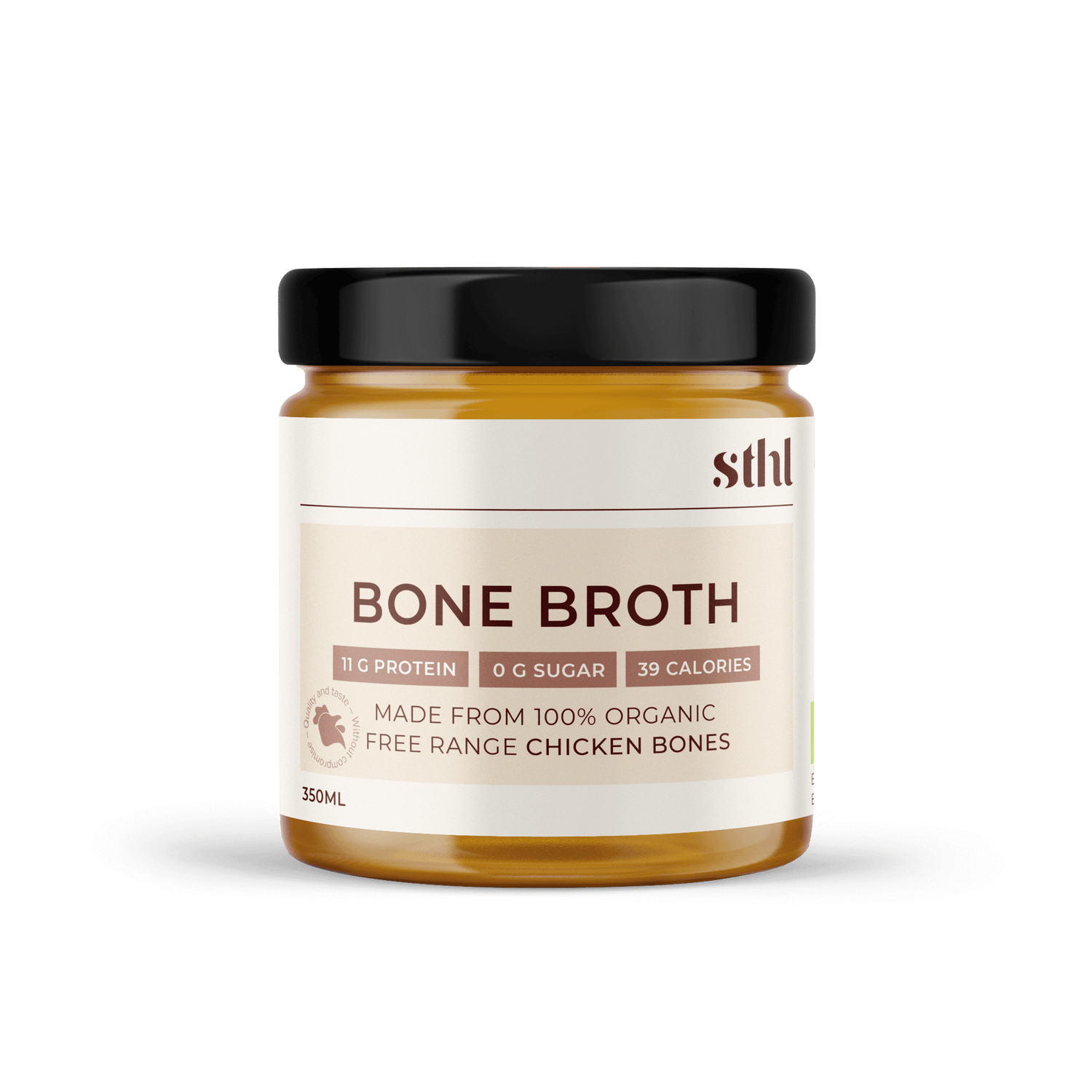 Free-range and organic chicken bone broth, ready made in a jar