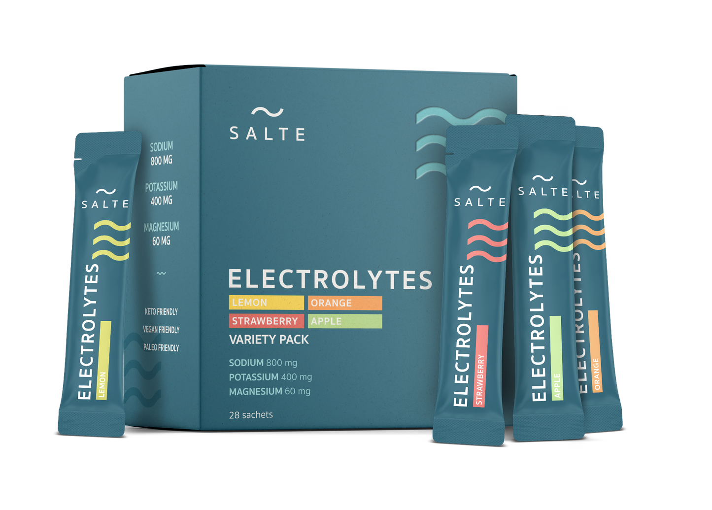 Electrolyte sachets with four different flavors: lemon, orange, strawberry, and apple
