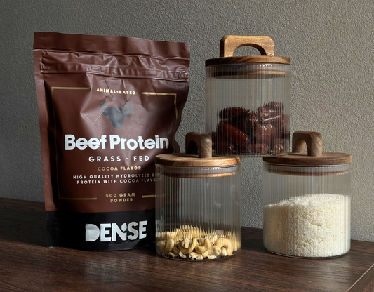 Naturally Sweet Protein Balls with Beef Protein & Dates ingredients including beef protein, dates, cashews, and coconut.