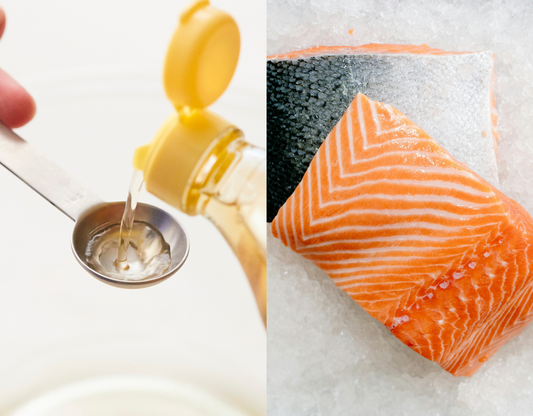 5 Important Nutrient Ratios: measuring oil and fresh salmon fillet on ice for healthy eating.
