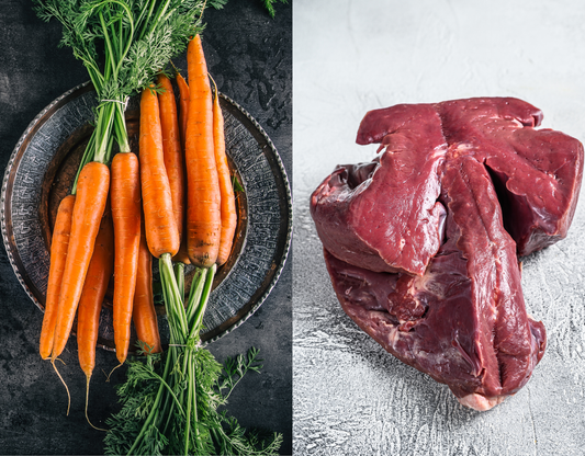 The Difference Between Beta-Carotene and Vitamin A illustrated with carrots and beef liver.