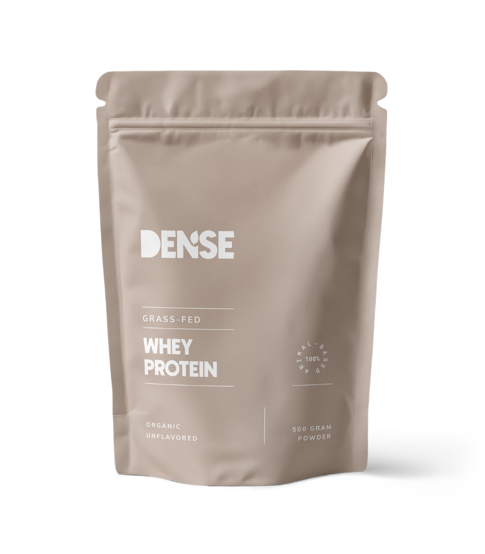 Organic grass-fed whey protein powder, unflavored, high bioavailability, 500g pack by DENSE.